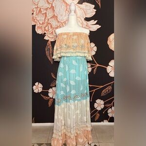 Zury Off-Shoulder Tiered Maxi Dress in Peach, Aqua & Cream with Mirror Accents